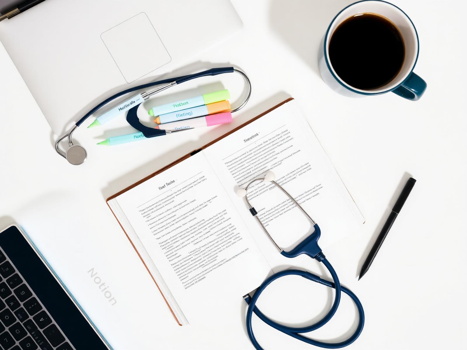 NCLEX study desk with Notion planner, stethoscope, and highlighters